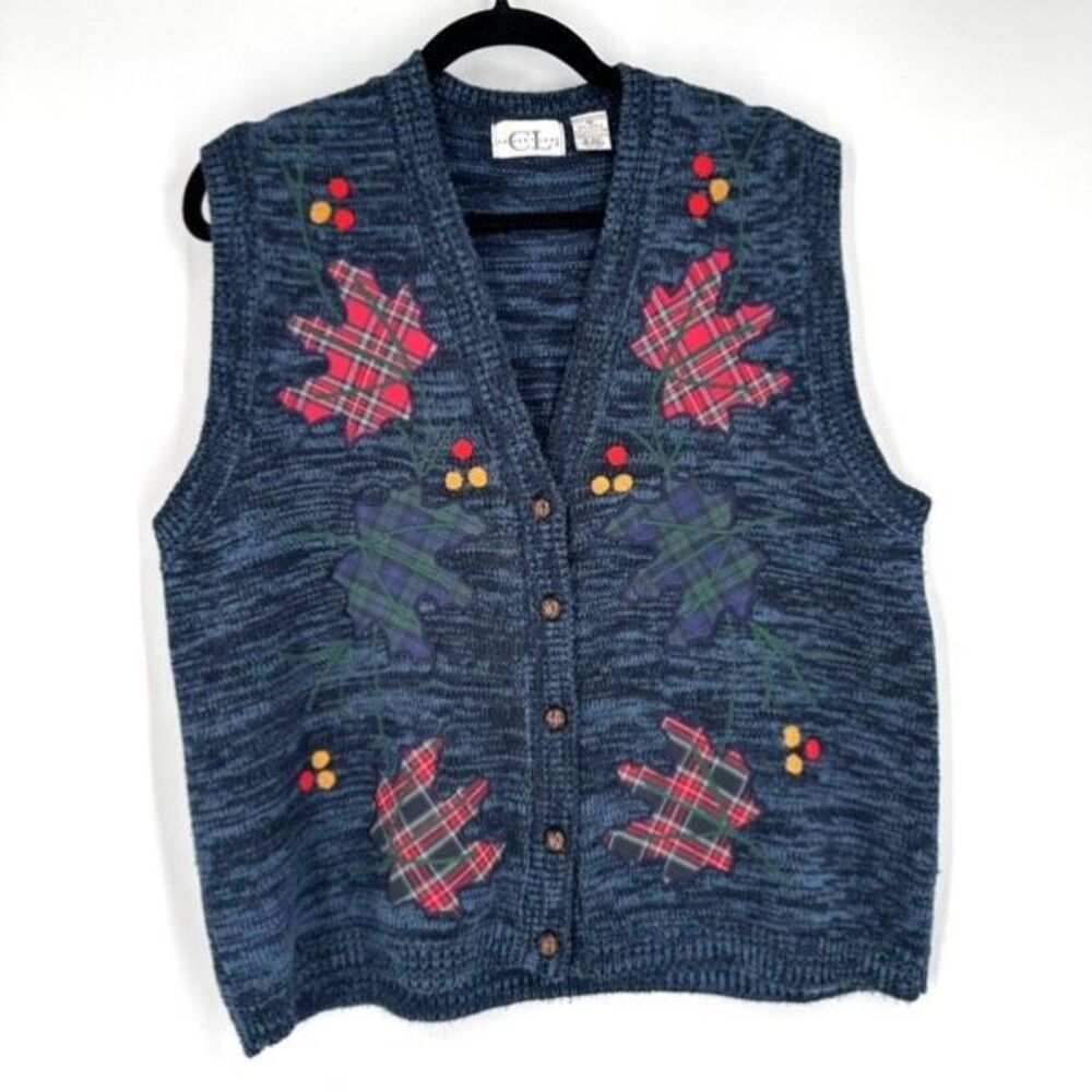 Cricket Lane Women's Button Up Christmas Sweater Vest Tartan Plaid Leaves Size M